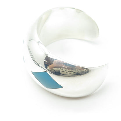 925 Sterling Silver Vintage Mexico Blue Enamel Cuff Heavy Bracelet 6.75"