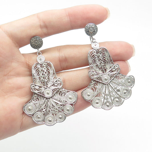 925 Sterling Silver Vintage Filigree Dangling Screw Back Chandelier Earrings