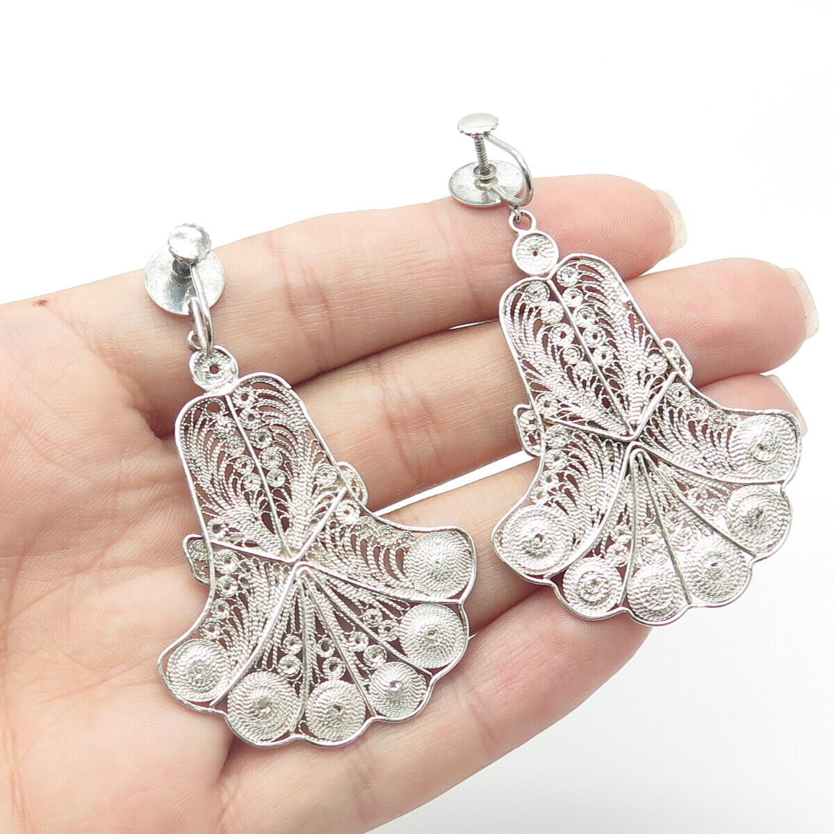 925 Sterling Silver Vintage Filigree Dangling Screw Back Chandelier Earrings