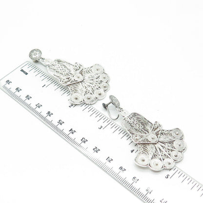 925 Sterling Silver Vintage Filigree Dangling Screw Back Chandelier Earrings