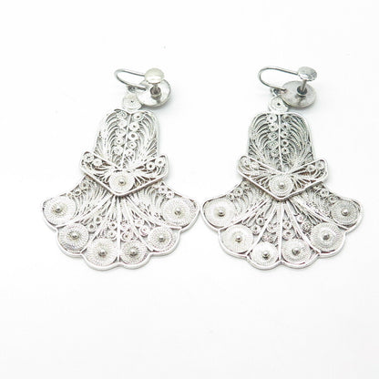 925 Sterling Silver Vintage Filigree Dangling Screw Back Chandelier Earrings