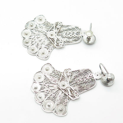 925 Sterling Silver Vintage Filigree Dangling Screw Back Chandelier Earrings