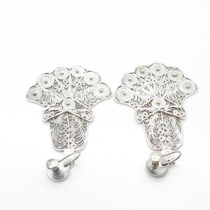 925 Sterling Silver Vintage Filigree Dangling Screw Back Chandelier Earrings