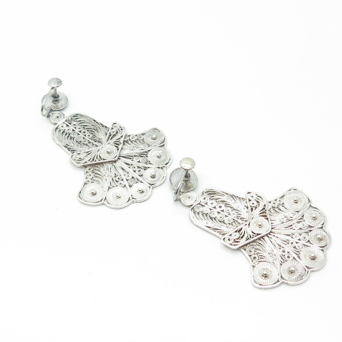 925 Sterling Silver Vintage Filigree Dangling Screw Back Chandelier Earrings