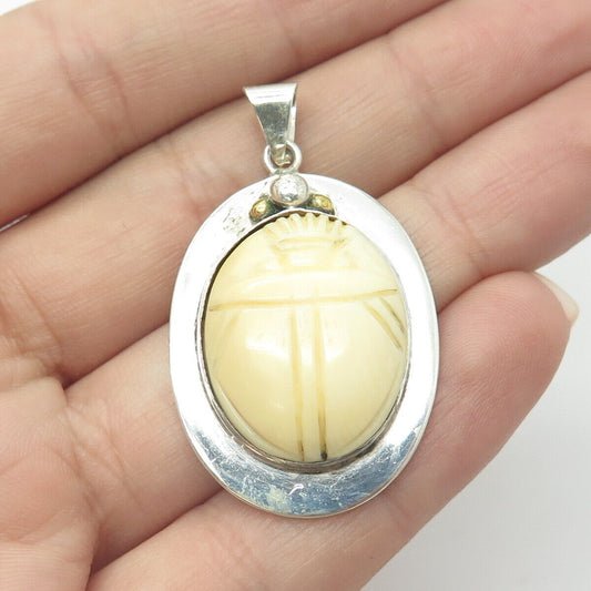 CAPSI 925 Sterling Silver 2-Tone Vintage Mexico Carved Scarab Amulet Pendant