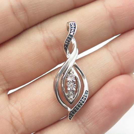 925 Sterling Silver Real Round-Cut Fancy Blue & White Diamond Twisted Pendant