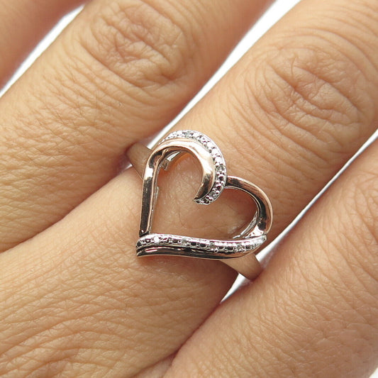 SUN 925 Sterling Silver & 10K Gold Real White Diamond Loving Heart Ring Size 7