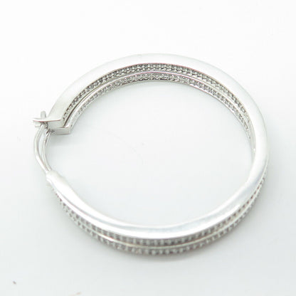 925 Sterling Silver Real Round-Cut White Diamond In & Out Hoop Earrings