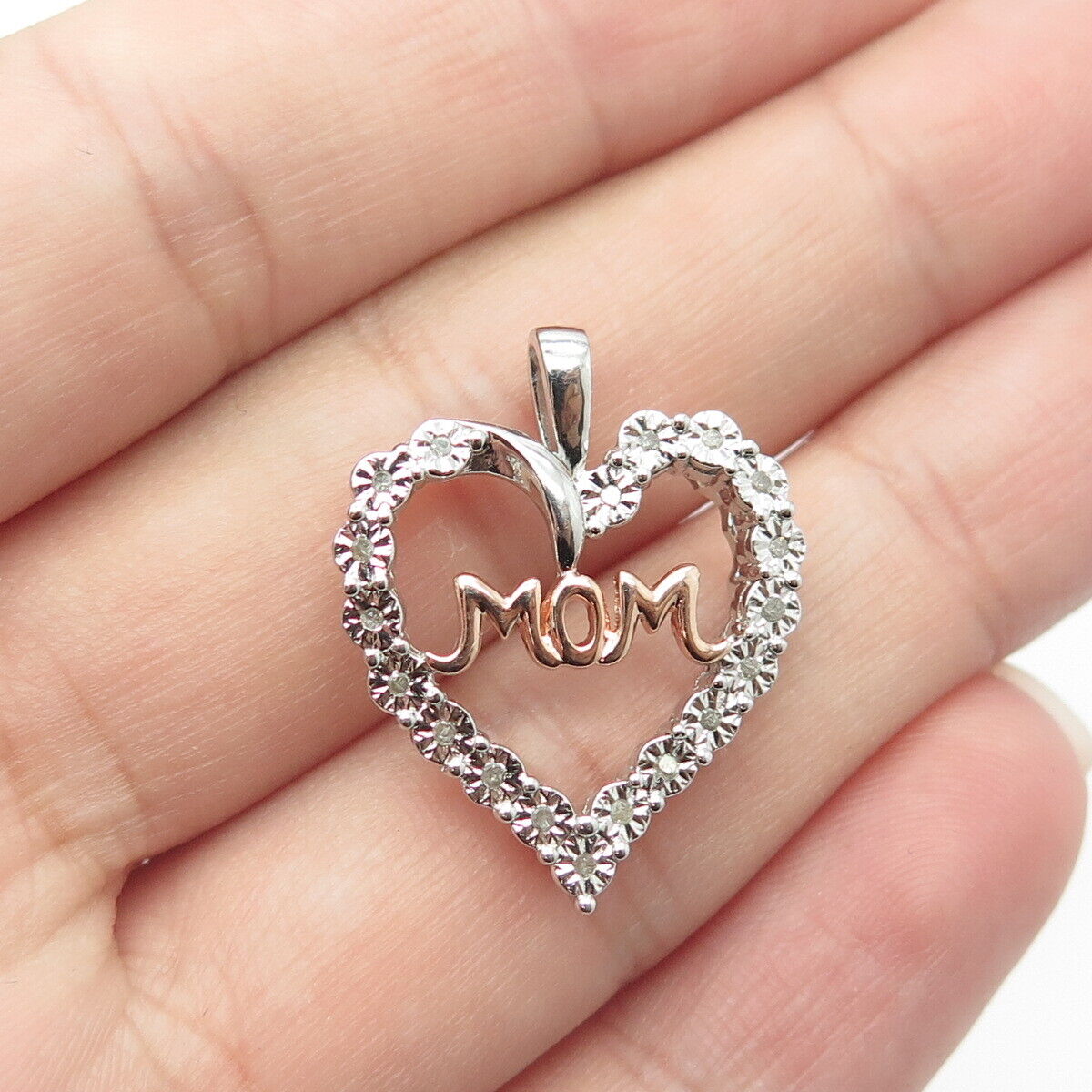 SUN 925 Sterling Silver 2-Tone Real Round-Cut White Diamond "MOM" Heart Pendant