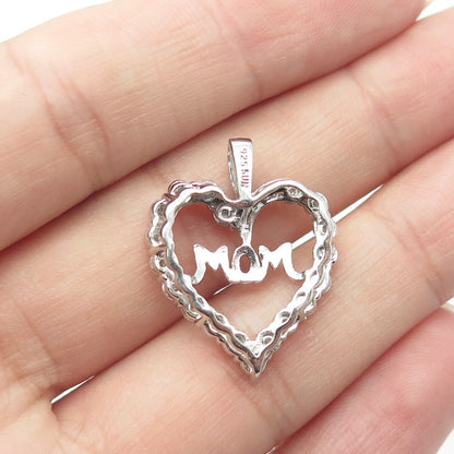 SUN 925 Sterling Silver 2-Tone Real Round-Cut White Diamond "MOM" Heart Pendant