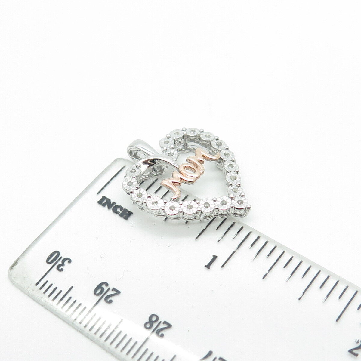 SUN 925 Sterling Silver 2-Tone Real Round-Cut White Diamond "MOM" Heart Pendant