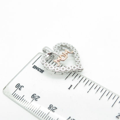 SUN 925 Sterling Silver 2-Tone Real Round-Cut White Diamond "MOM" Heart Pendant