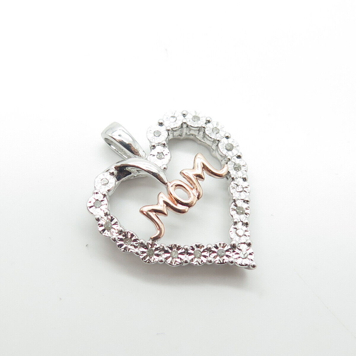 SUN 925 Sterling Silver 2-Tone Real Round-Cut White Diamond "MOM" Heart Pendant