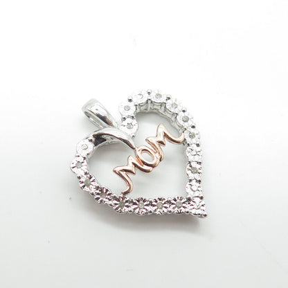 SUN 925 Sterling Silver 2-Tone Real Round-Cut White Diamond "MOM" Heart Pendant