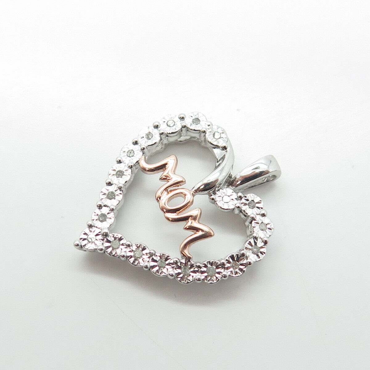 SUN 925 Sterling Silver 2-Tone Real Round-Cut White Diamond "MOM" Heart Pendant