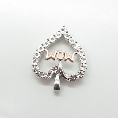 SUN 925 Sterling Silver 2-Tone Real Round-Cut White Diamond "MOM" Heart Pendant