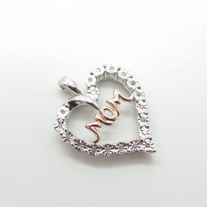 SUN 925 Sterling Silver 2-Tone Real Round-Cut White Diamond "MOM" Heart Pendant