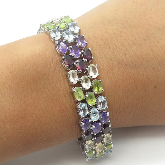 925 Sterling Silver Amethyst Topaz Citrine Red Garnet Peridot Gem Bracelet 7.75"