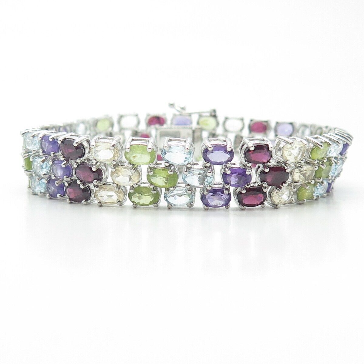 925 Sterling Silver Amethyst Topaz Citrine Red Garnet Peridot Gem Bracelet 7.75"