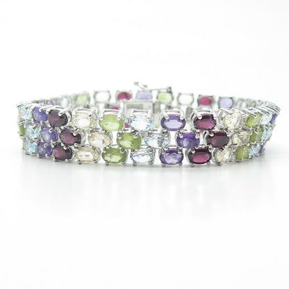 925 Sterling Silver Amethyst Topaz Citrine Red Garnet Peridot Gem Bracelet 7.75"