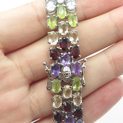 925 Sterling Silver Amethyst Topaz Citrine Red Garnet Peridot Gem Bracelet 7.75"
