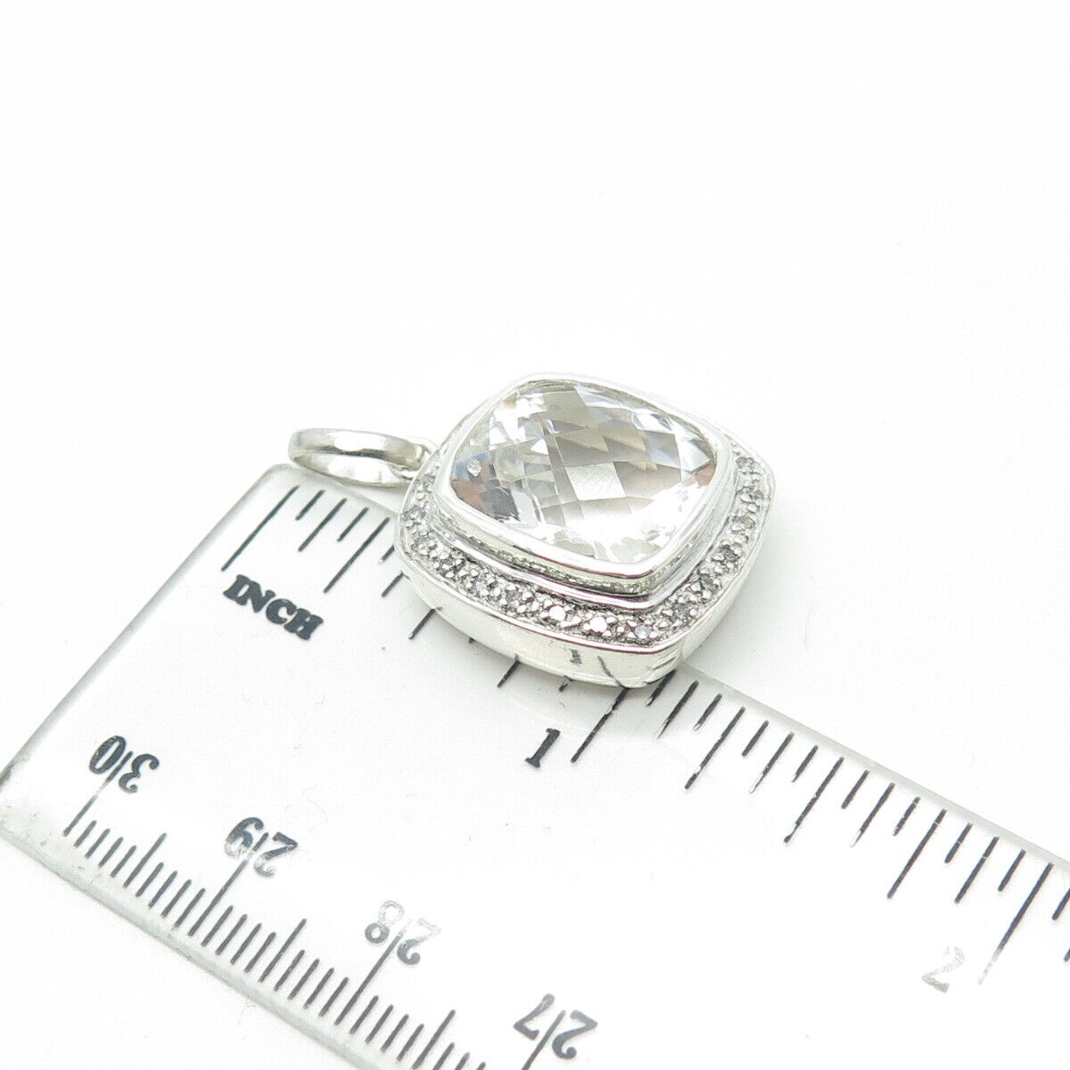 925 Sterling Silver Real White Diamond & Clear Quartz Pendant