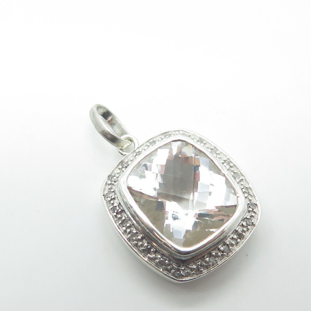 925 Sterling Silver Real White Diamond & Clear Quartz Pendant