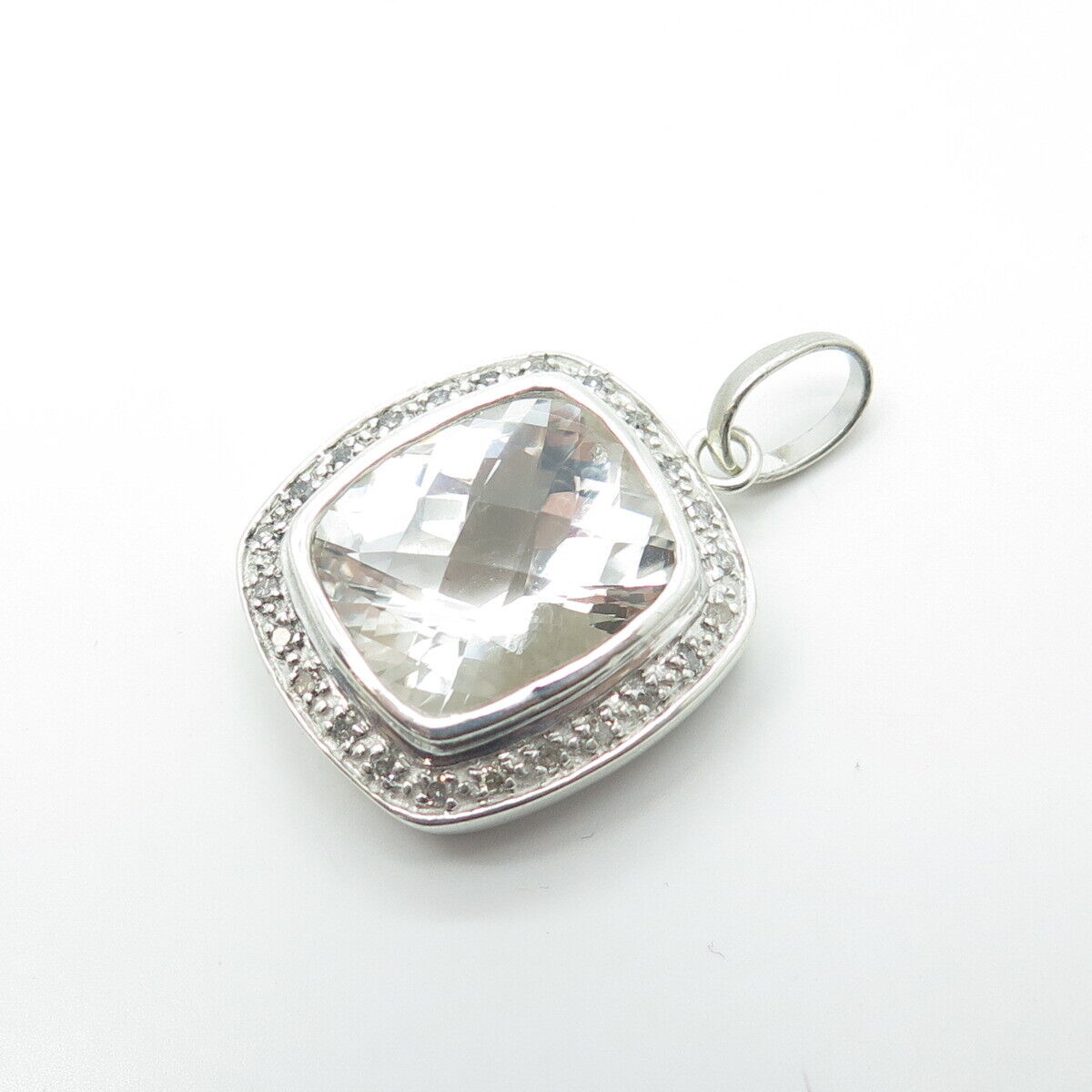 925 Sterling Silver Real White Diamond & Clear Quartz Pendant