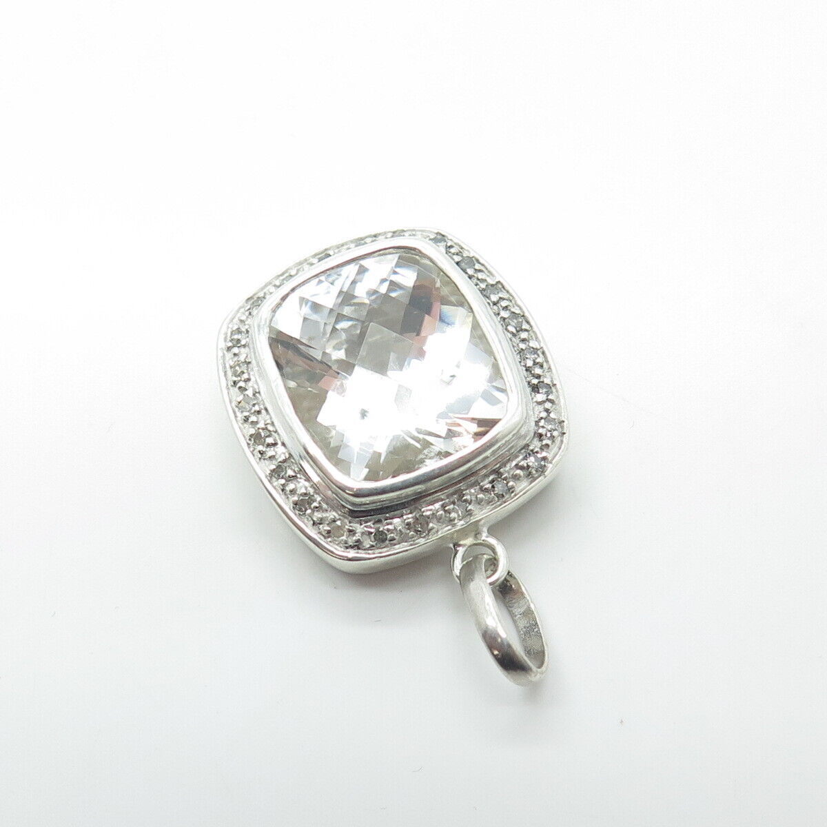 925 Sterling Silver Real White Diamond & Clear Quartz Pendant