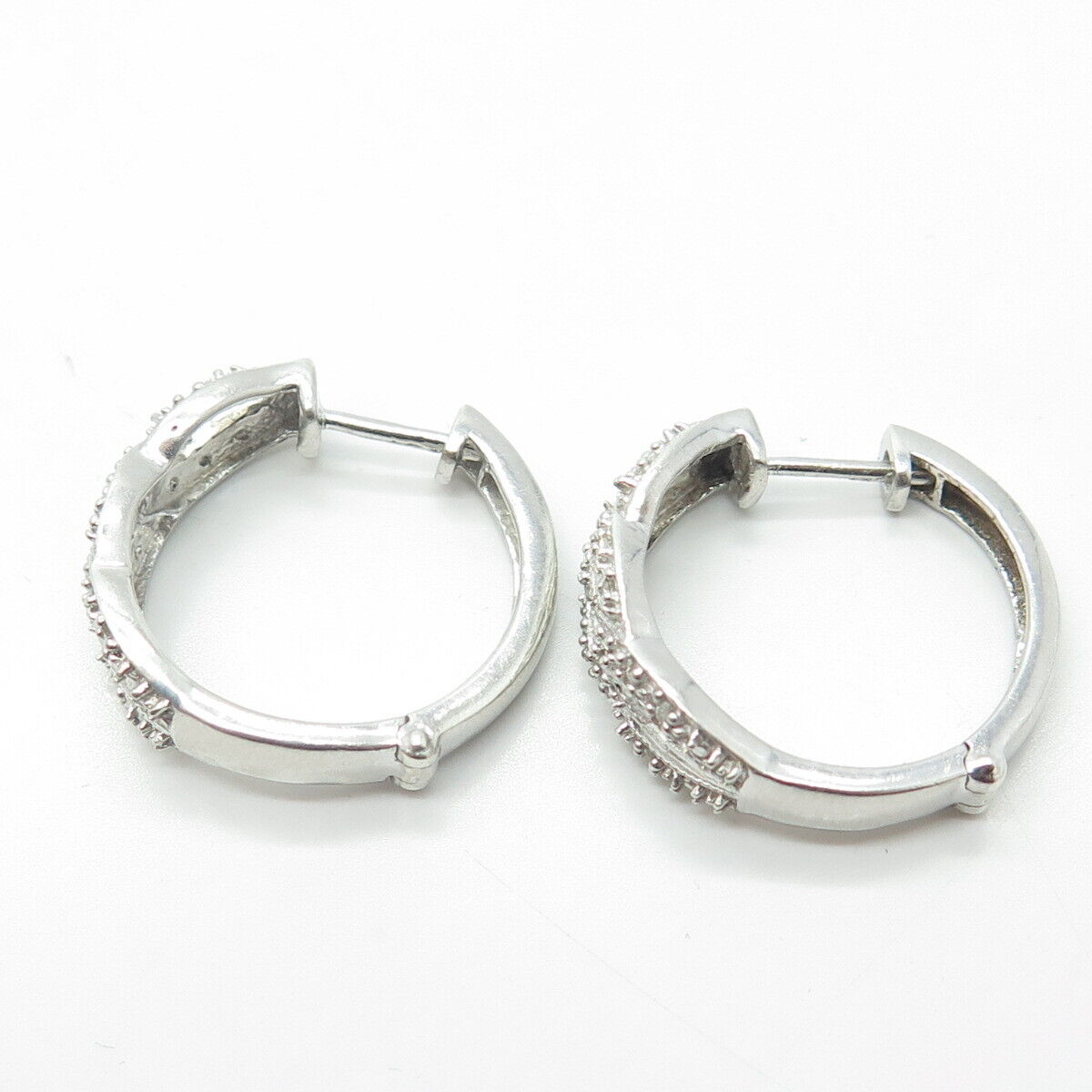 925 Sterling Silver Real Round-Cut White Diamond Hoop Earrings