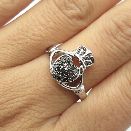 925 Sterling Silver Real Round-Cut Black Diamond Claddagh Ring Size 10.25