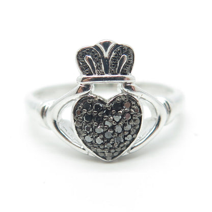 925 Sterling Silver Real Round-Cut Black Diamond Claddagh Ring Size 10.25