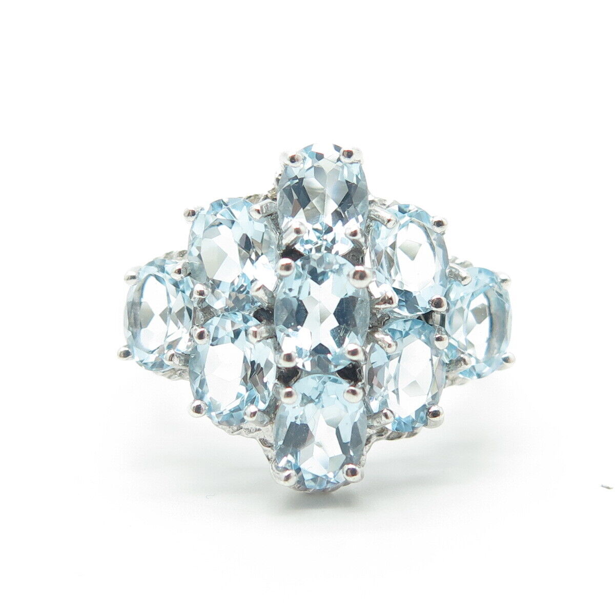 925 Sterling Silver Real Blue Topaz Gemstone Cluster Cocktail Ring Size 7