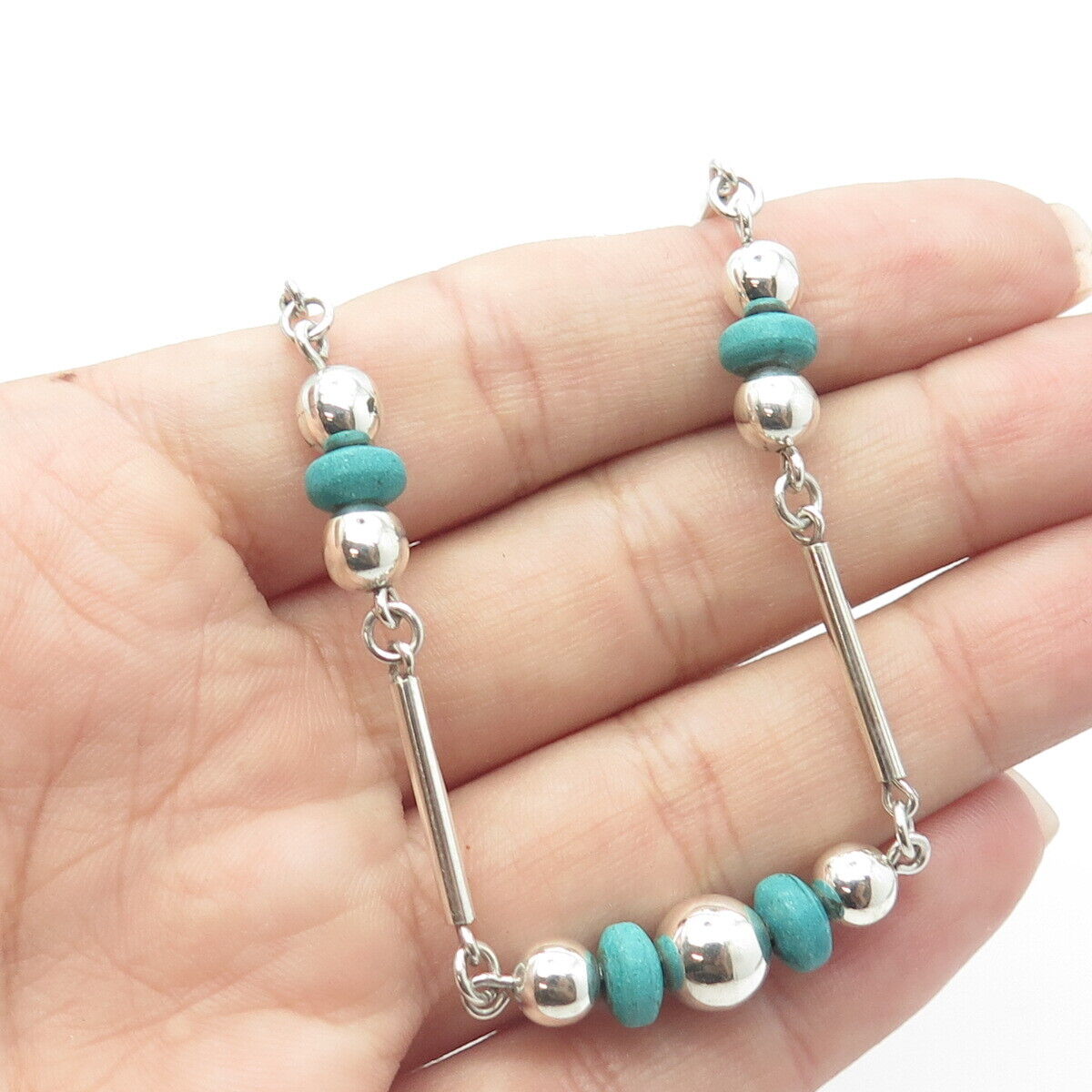 925 Sterling Silver Vintage Mexico Turquoise Liquid Beaded Chain Necklace 16"