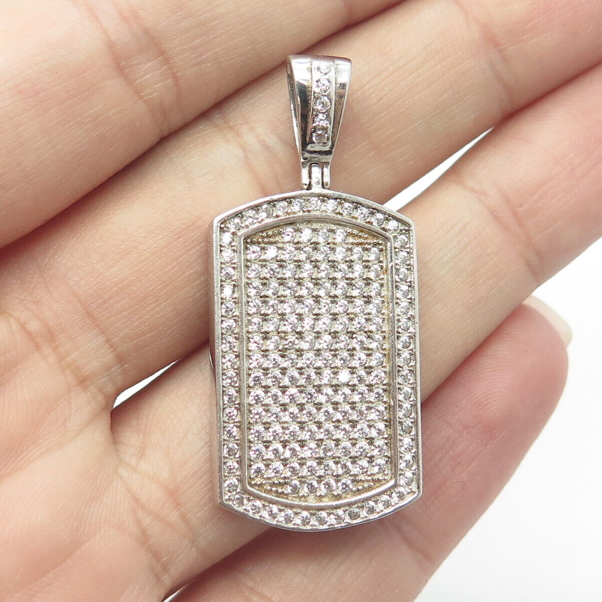 925 Sterling Silver White C Z Sparkling Tag Pendant