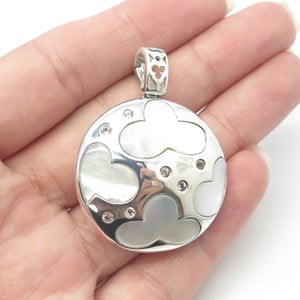 925 Sterling Silver Real White Topaz & Mother-of-Pear Cloud Round Pendant