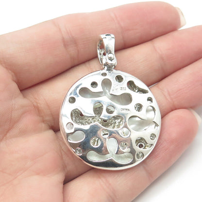 925 Sterling Silver Real White Topaz & Mother-of-Pear Cloud Round Pendant