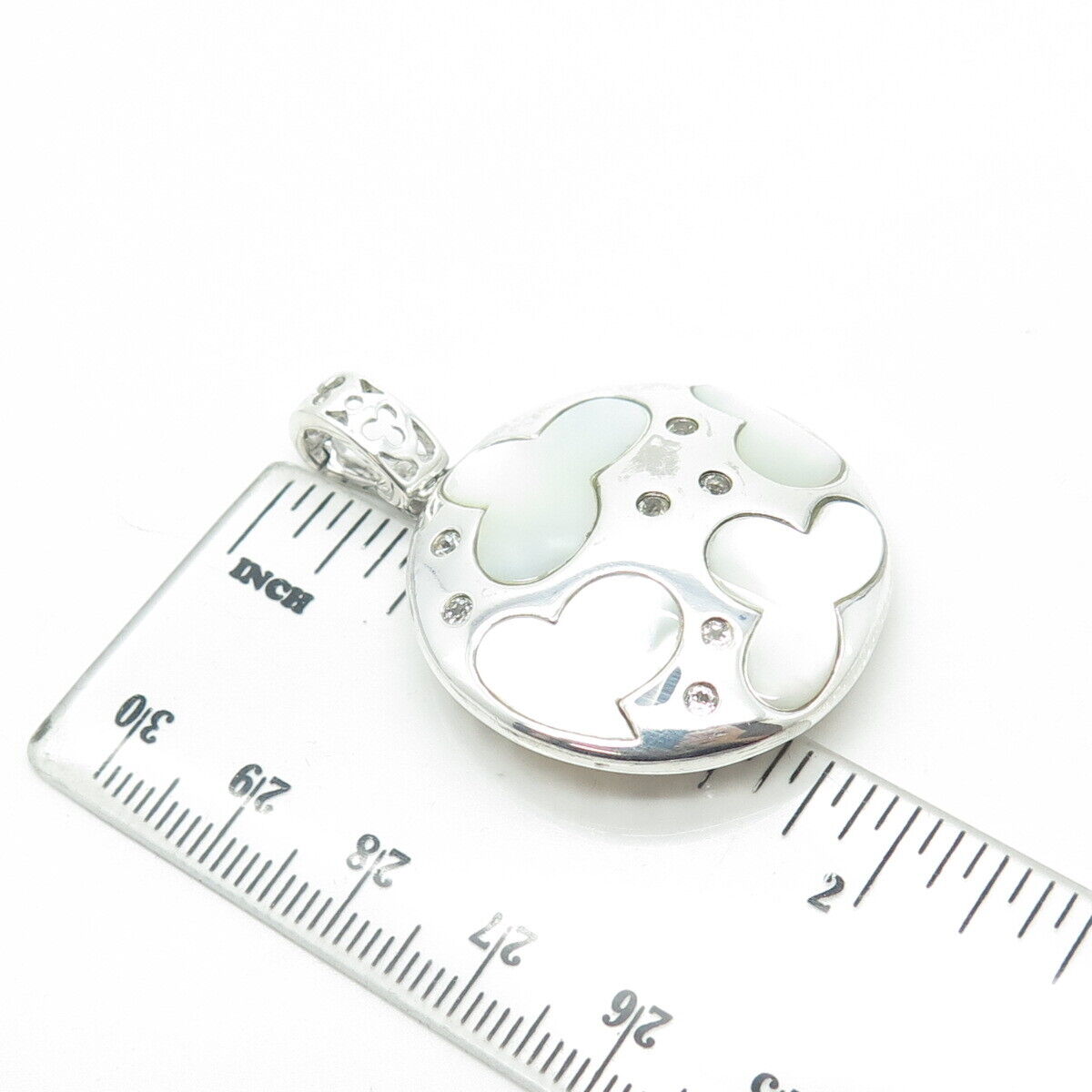 925 Sterling Silver Real White Topaz & Mother-of-Pear Cloud Round Pendant