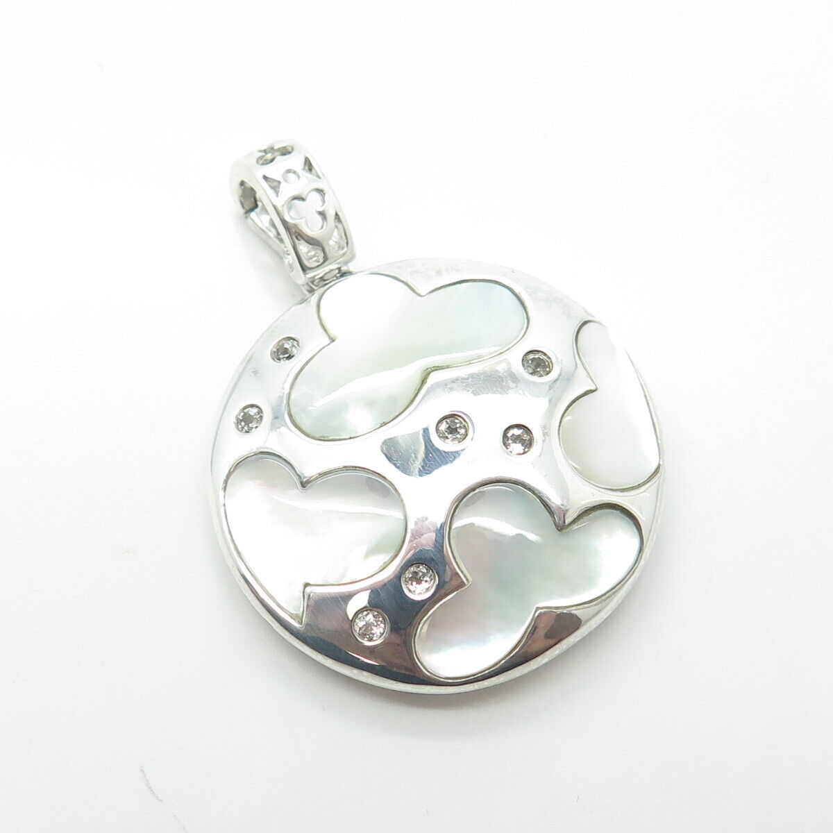 925 Sterling Silver Real White Topaz & Mother-of-Pear Cloud Round Pendant