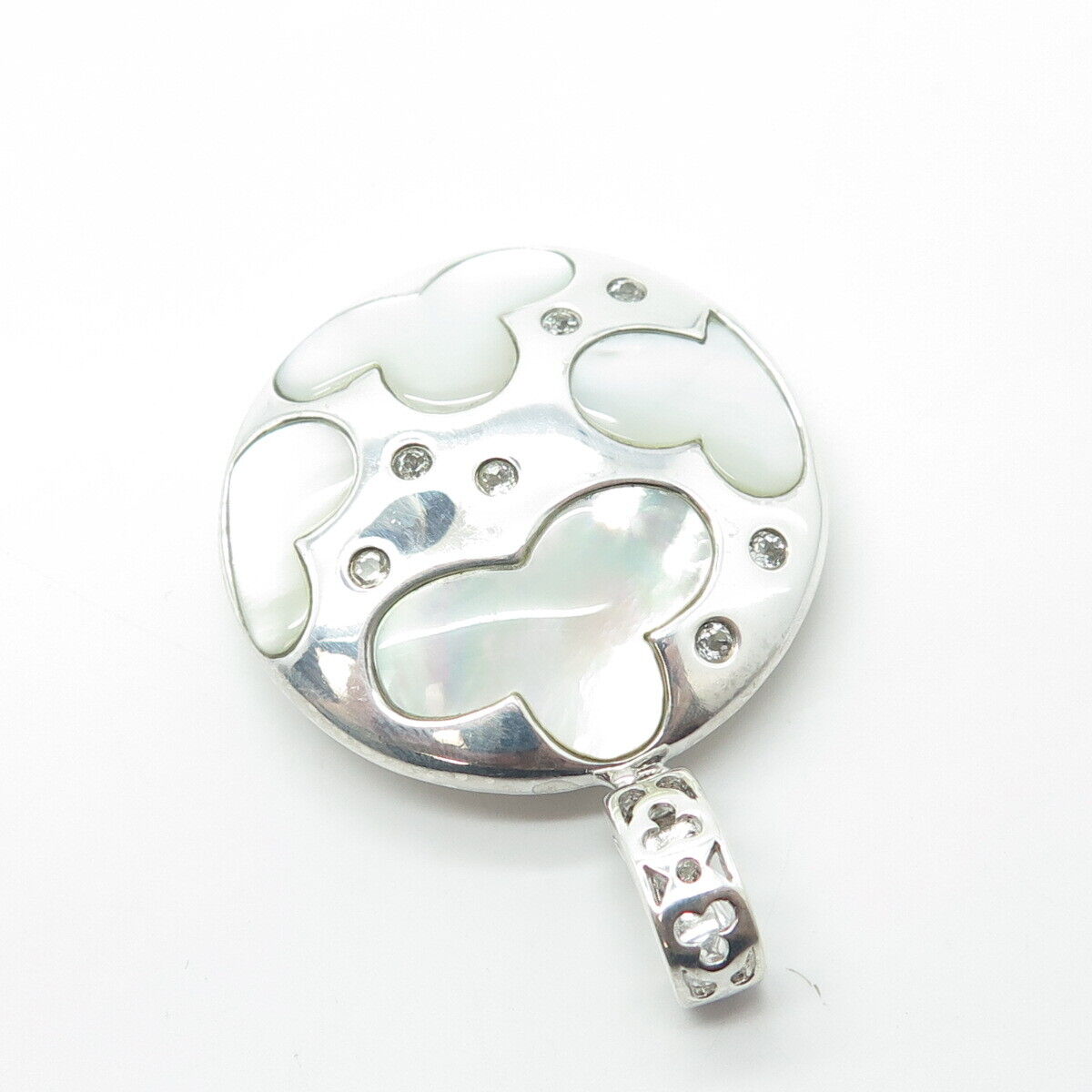 925 Sterling Silver Real White Topaz & Mother-of-Pear Cloud Round Pendant