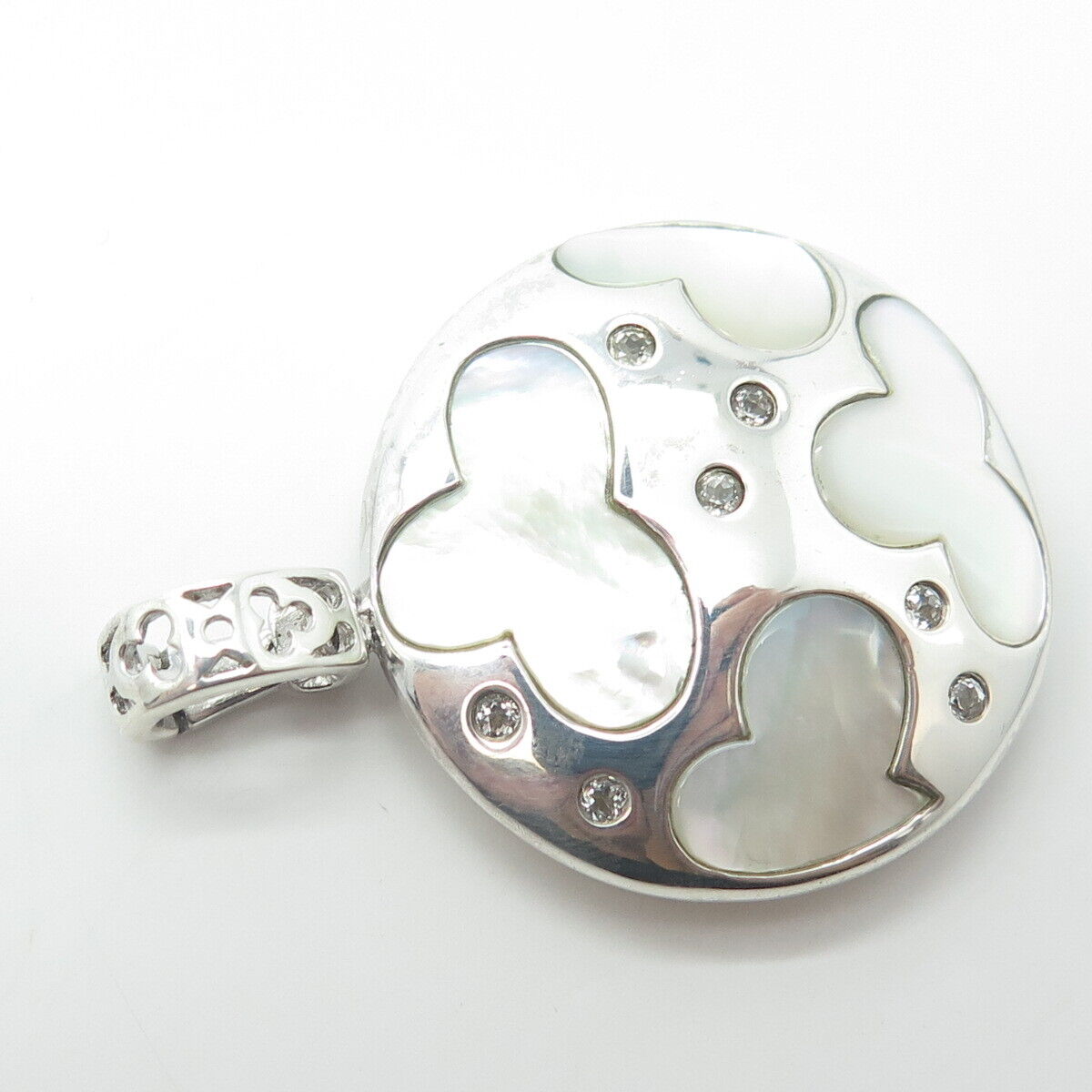 925 Sterling Silver Real White Topaz & Mother-of-Pear Cloud Round Pendant