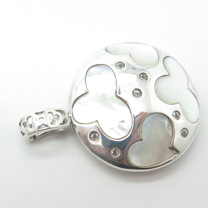 925 Sterling Silver Real White Topaz & Mother-of-Pear Cloud Round Pendant