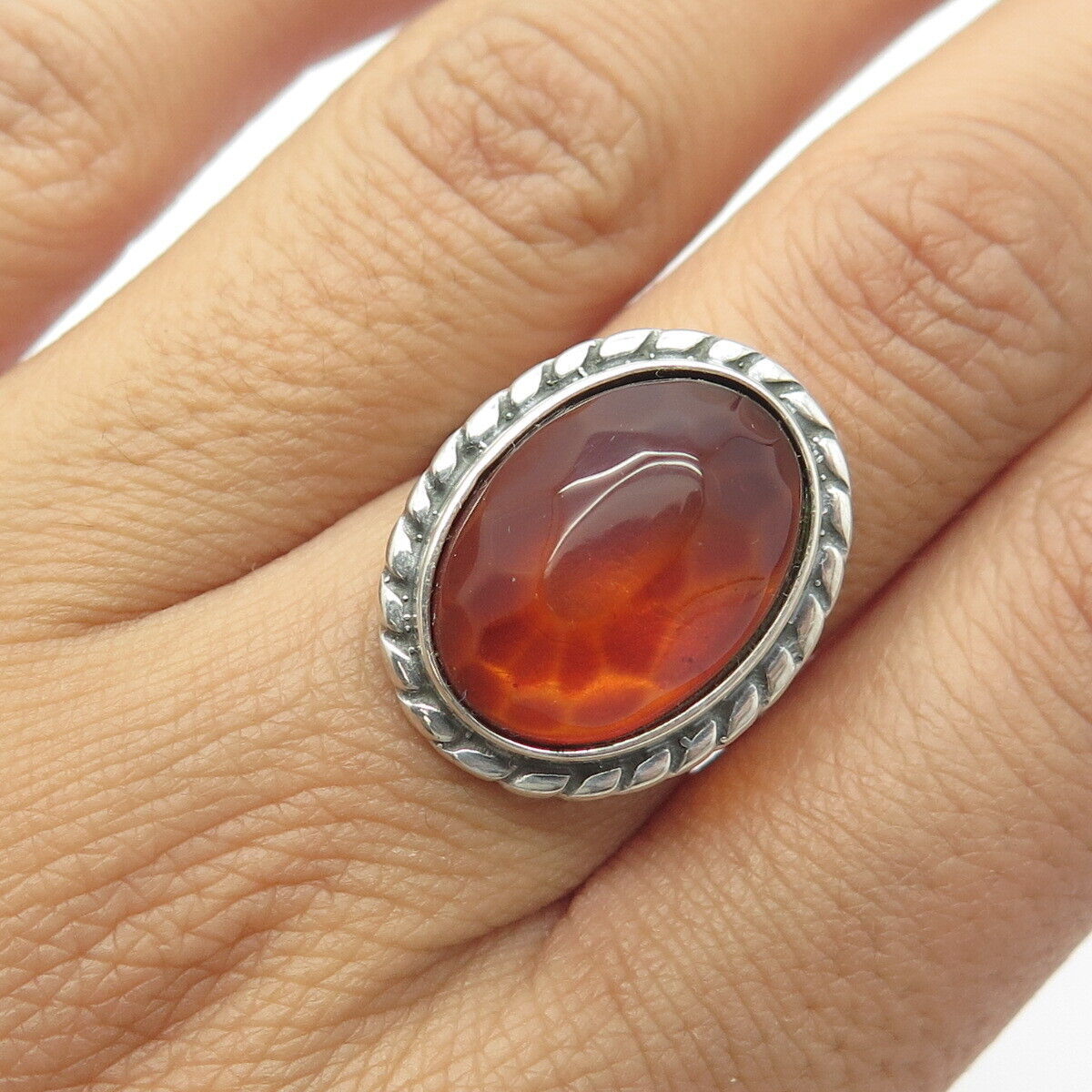 925 Sterling Silver Vintage Real Amber Statement Ring Size 7