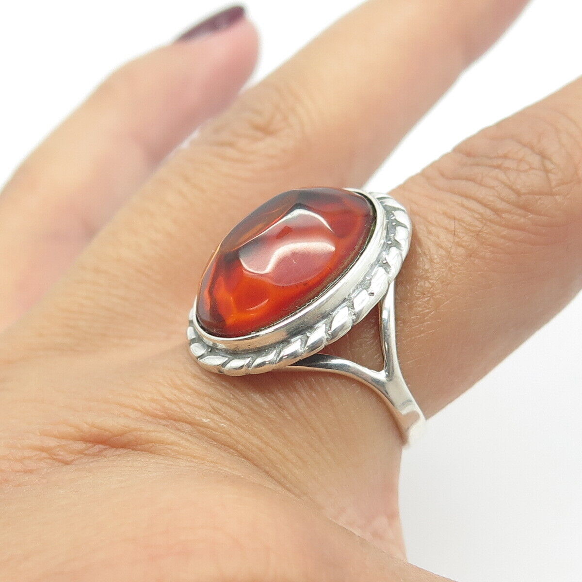 925 Sterling Silver Vintage Real Amber Statement Ring Size 7