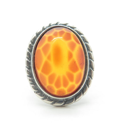 925 Sterling Silver Vintage Real Amber Statement Ring Size 7