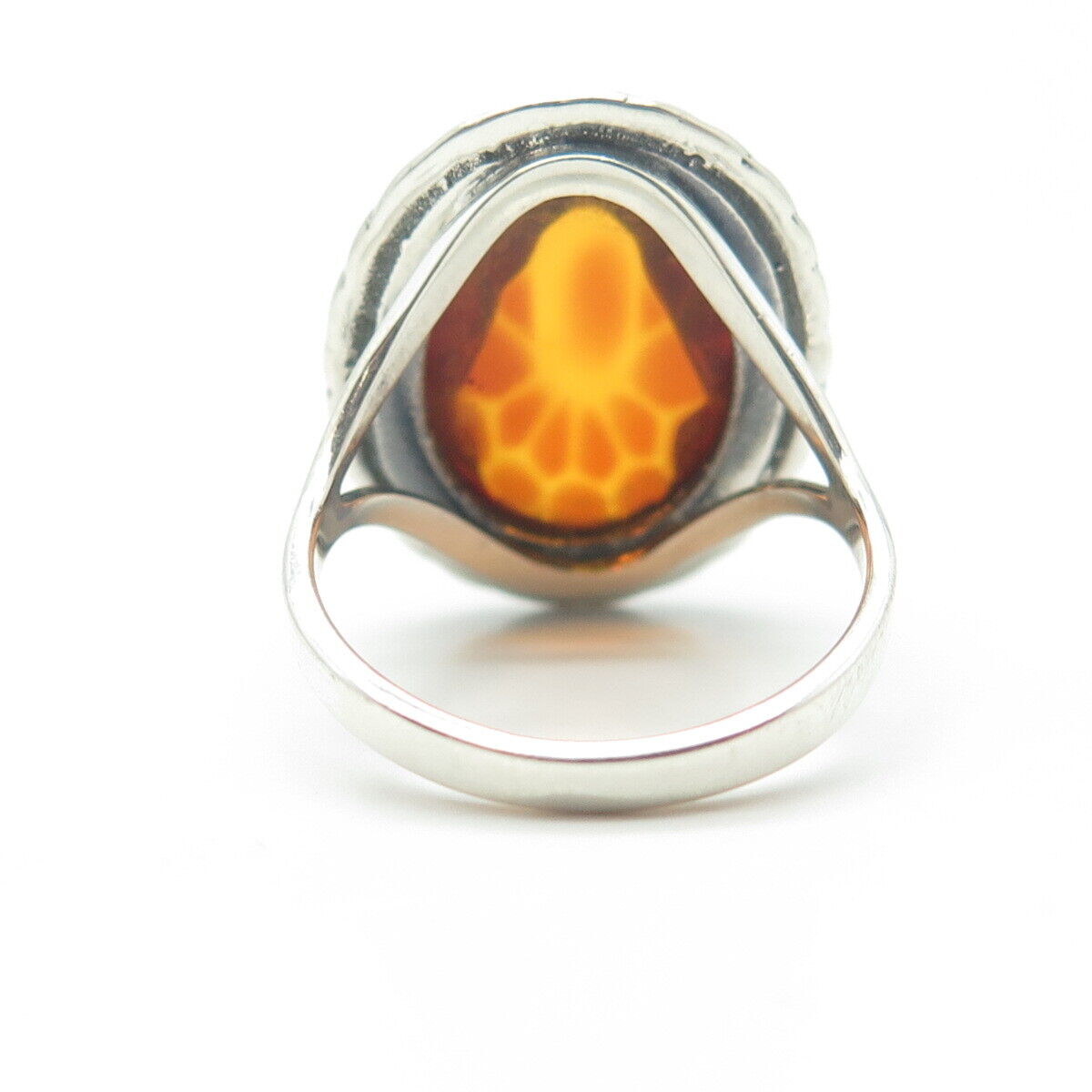 925 Sterling Silver Vintage Real Amber Statement Ring Size 7