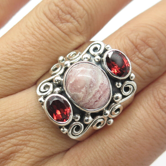 ARYA 925 Sterling Silver Vintage Real Rhodochrosite & Red Garnet Ring Size 9