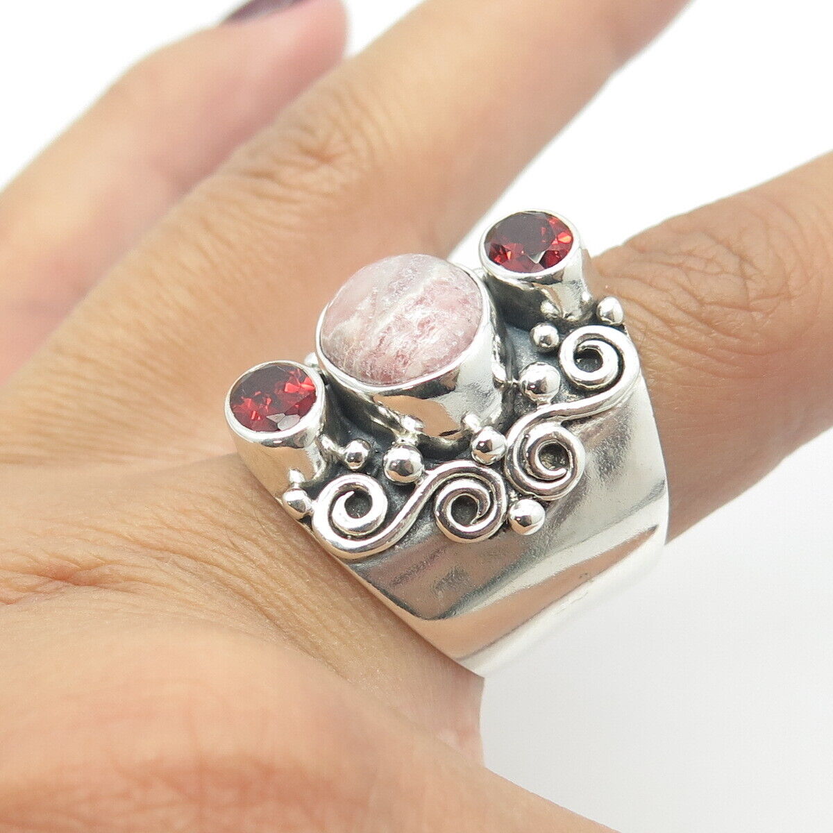 ARYA 925 Sterling Silver Vintage Real Rhodochrosite & Red Garnet Ring Size 9