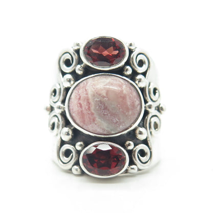 ARYA 925 Sterling Silver Vintage Real Rhodochrosite & Red Garnet Ring Size 9