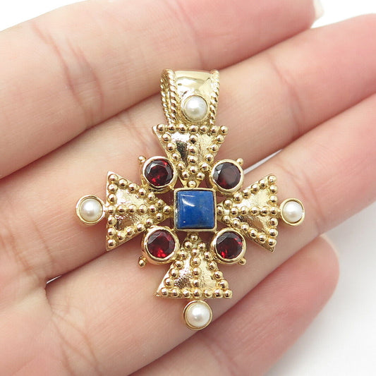 AIL ALUMA Sterling Silver Gold Plated Real Pearl Garnet & Lapis Cross Pendant